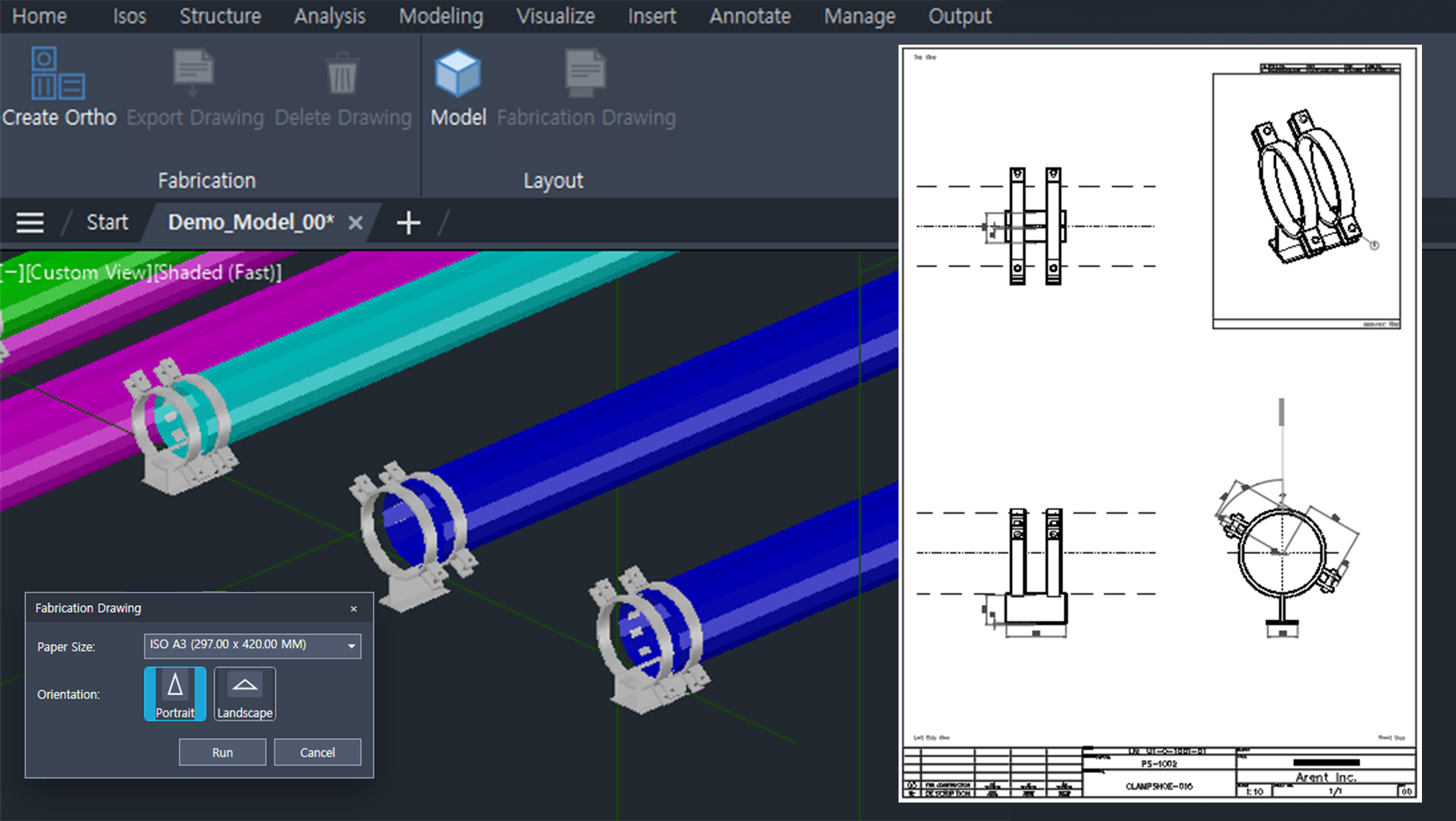 Support Fab — Autodesk AutoCAD Plant 3D 上で動作する製作図自動生成アドインの操作画面
